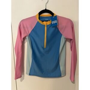 NWT DSG Girls' Long Sleeve Rash Guard Top Size Large Blue Pink 1/2 Zip Sun